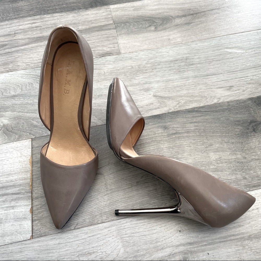 L.A.M.B  Dark Tan Soft Leather Pointed Shoe Silver Stiletto Heel Women Size: 8.5